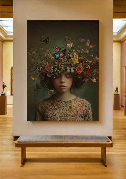 Girl with Flower Crown and Butterflies Dreamy Nature Portrait Painting