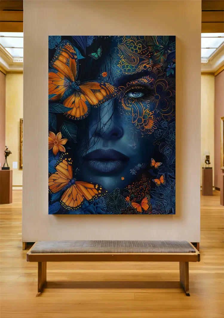 Woman Blue Skin Orange Butterflies Golden Ornament Mystical Painting