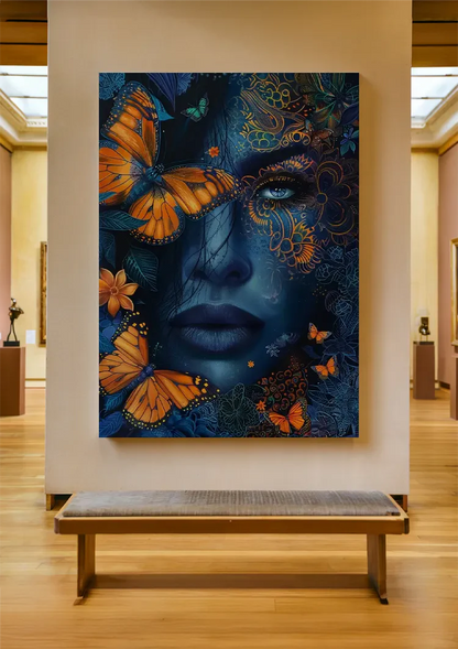 Woman Blue Skin Orange Butterflies Golden Ornament Mystical Painting