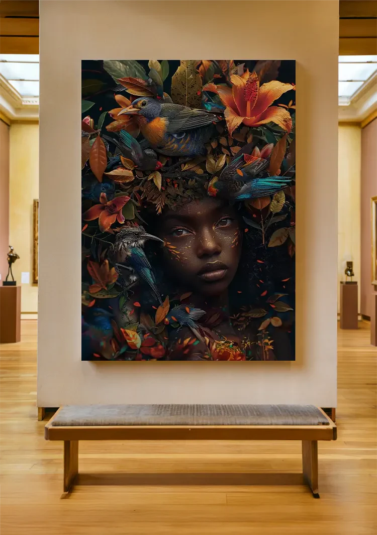 Vrouw Tropische Vogels Kleurrijke Bloemen Natuur Portret Schilderij