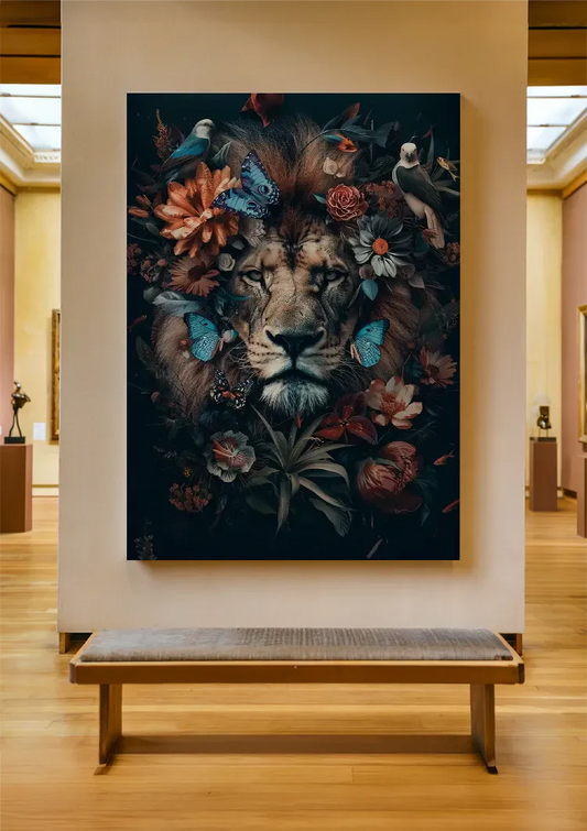 Leeuw met bloemen en vogels canvas schilderij in groen, oranje en turquoise