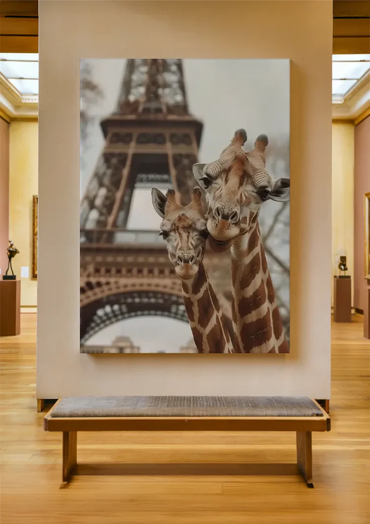 Twee Giraffen Eiffeltoren Parijs Speels Kleurrijk Schilderij