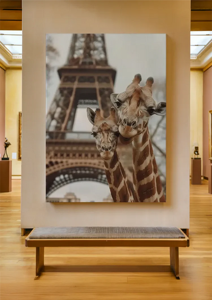 Twee Giraffen Eiffeltoren Parijs Speels Kleurrijk Schilderij