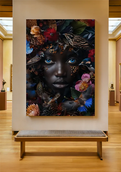 Blauwe Ogen Donker Portret Kleurrijke Bloemen Vogels Natuur Schilderij