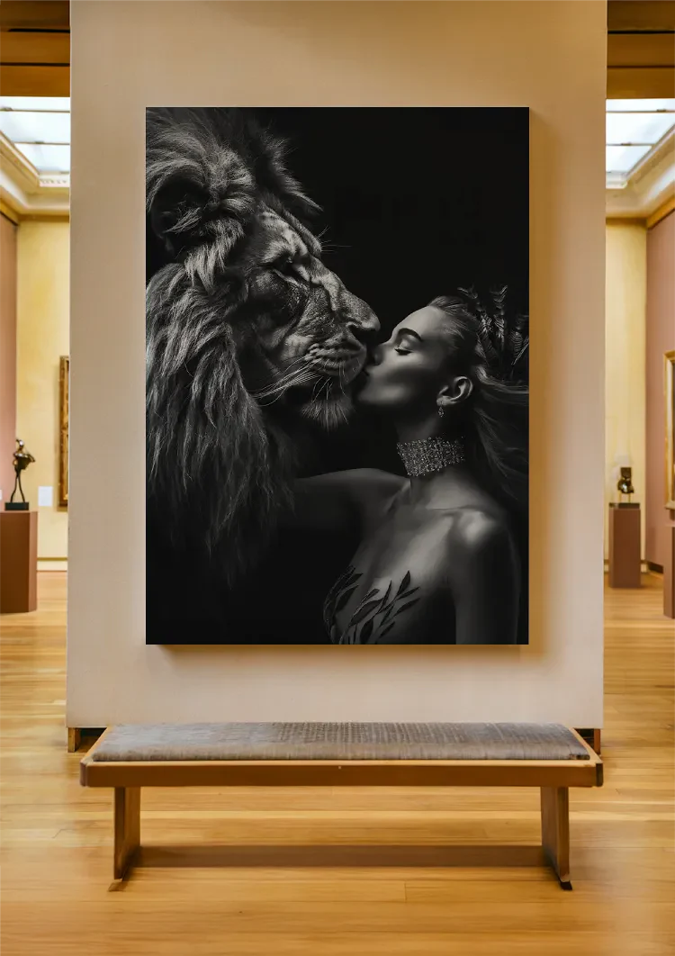 Vrouw en Leeuw Intimiteit Zwart Wit Krachtig Portret Schilderij