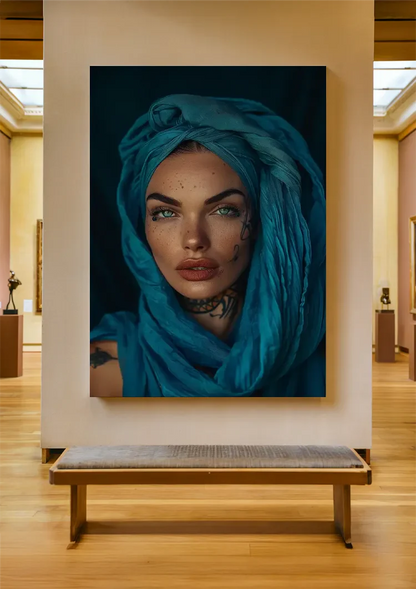 Orientalische Frau Blaue Augen Türkiser Hijab Mysteriöses Porträt Gemälde