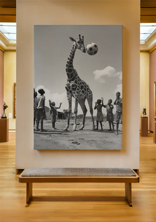 Giraf met kinderen canvas schilderij in zwart, wit en grijs