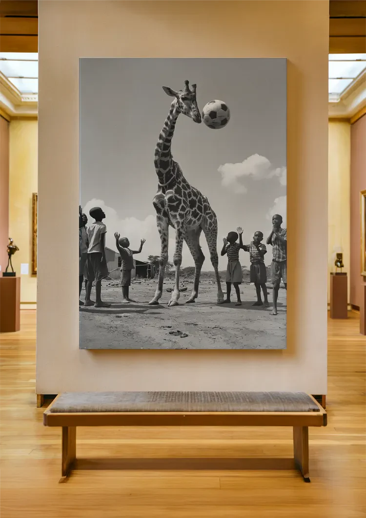 Giraffe Fußball Kinder Spielerisch Schwarz Weiß Lustiges Gemälde