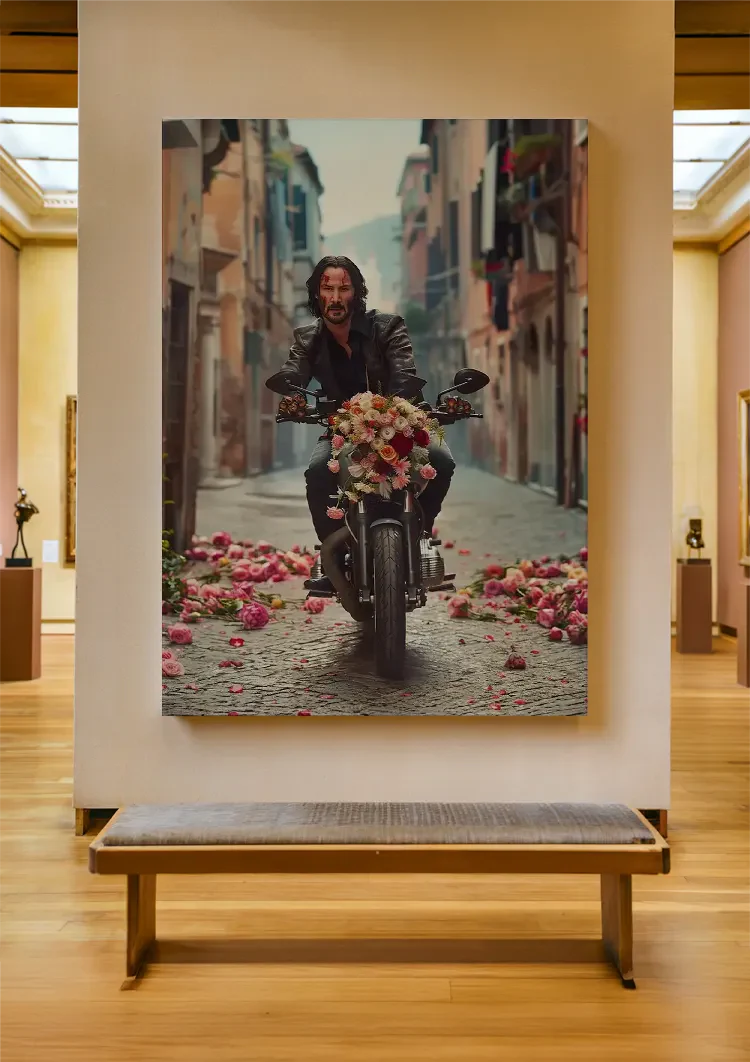 John Wick Motor Colorful Flowers Street Cinematic Portrait Painting