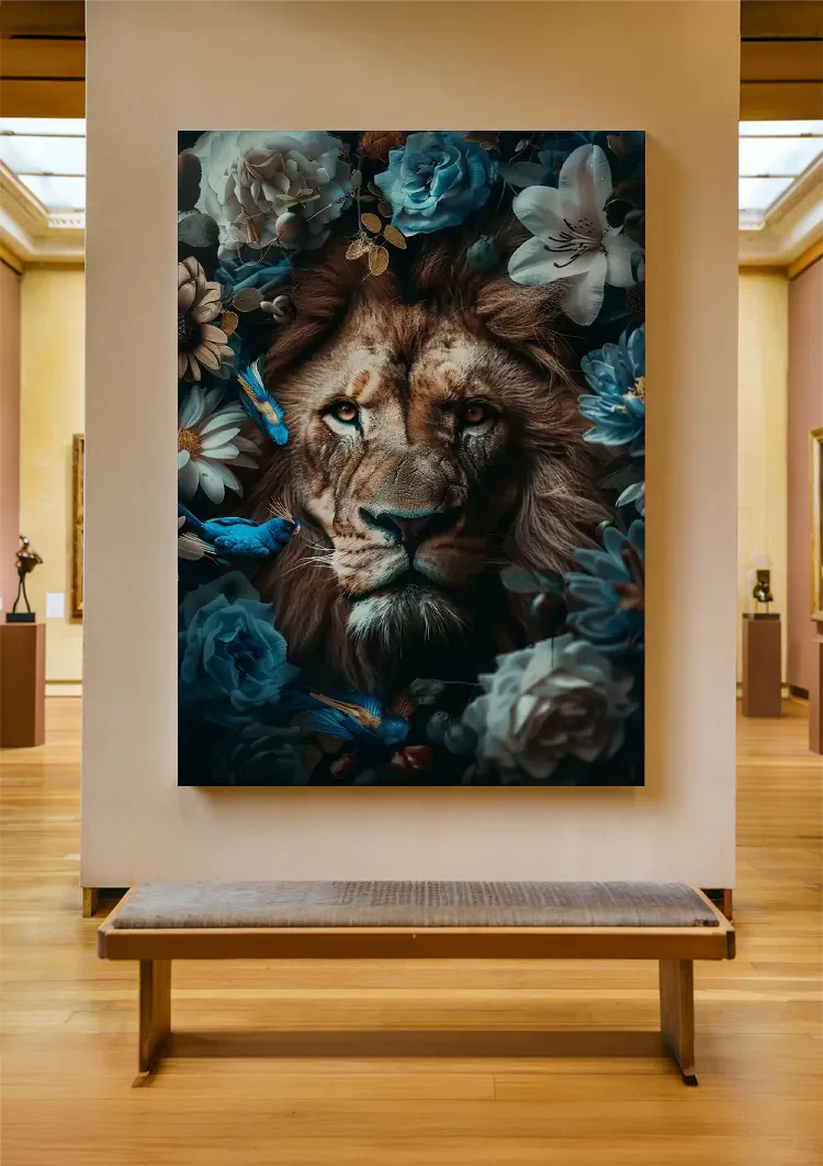 Leeuw Blauwe Bloemen Vlinders Kleurrijk Savanne Portret Schilderij