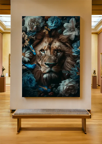 Leeuw Blauwe Bloemen Vlinders Kleurrijk Savanne Portret Schilderij