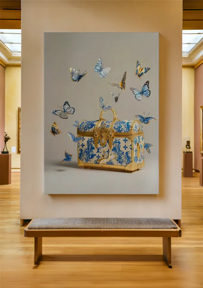 Louis Vuitton Gold Suitcase Blue Flowers Butterflies Luxury Painting