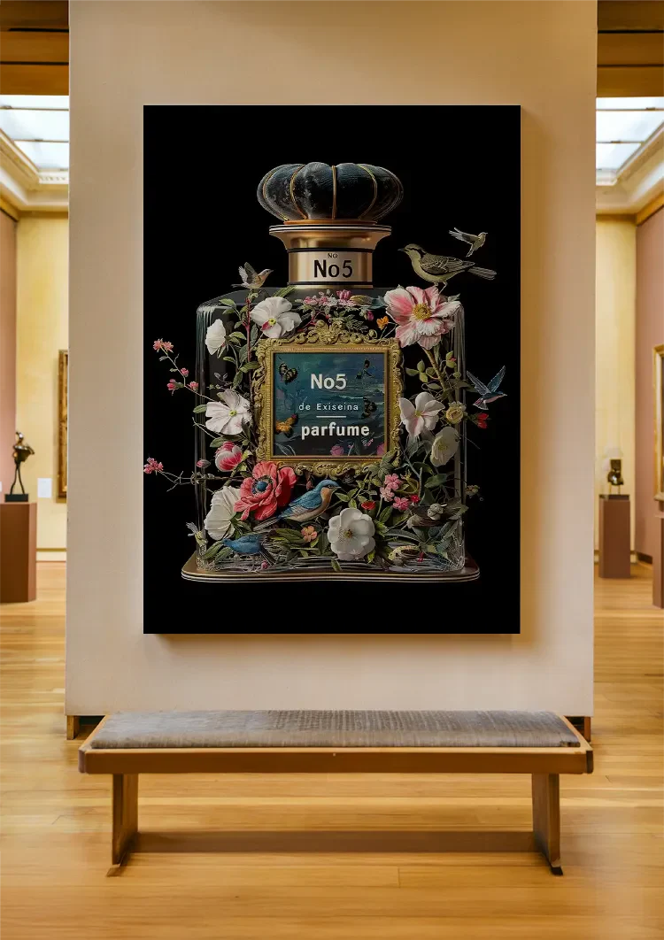 Parfumfles Bloemen Vogels Zwarte Achtergrond Schilderij