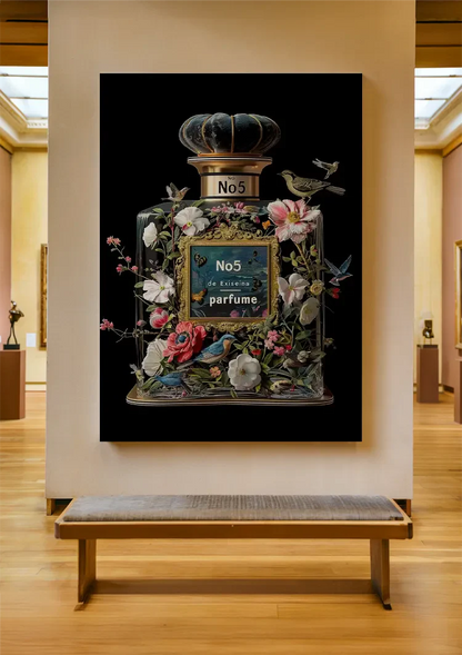 Parfumfles Bloemen Vogels Zwarte Achtergrond Schilderij