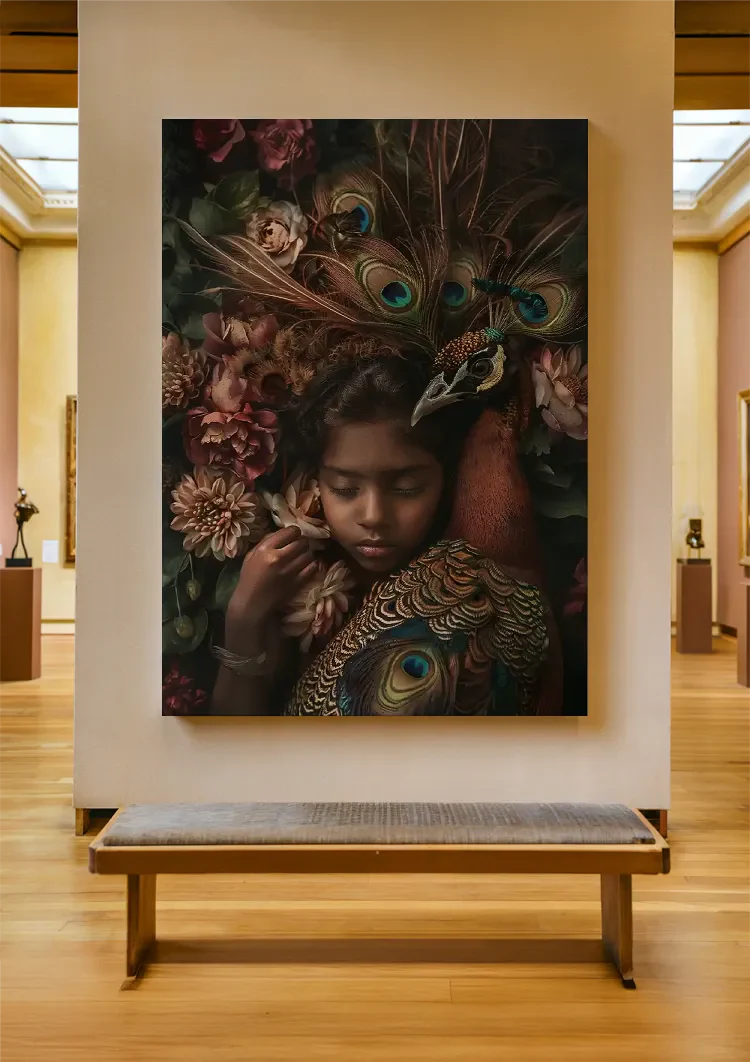 Peacock Dream Prince Girl Warm Feathers Flowers Colorful Fantasy Portrait Painting