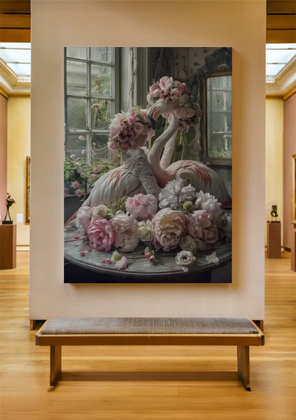 Flamingo und Rosa Blüten Vintage Zimmer Romantisches Verträumtes Gemälde