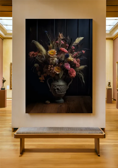 Varied Flowers Vase Orange Pink Dark Background Classic Painting