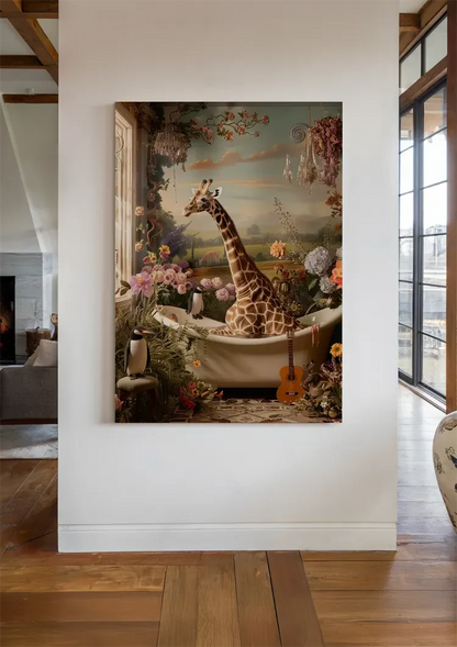 Giraf In Bad Kleurrijke Bloemen Surrealistisch Dromerig Schilderij