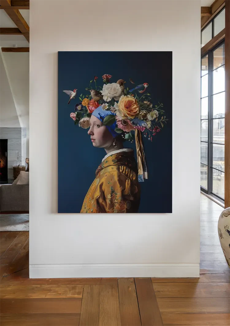 Girl with a Pearl Floral Crown Colorful Flowers Modern Baroque Painting