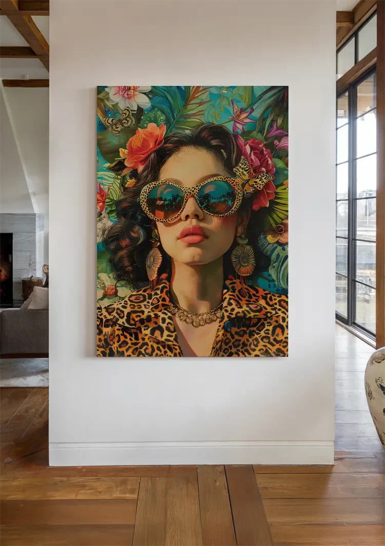 Stilvolle Frau Schmetterlingsbrille Leopardenmuster Tropische Blumen Glamouröses Gemälde