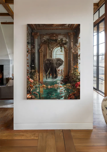 Olifant Fantasie Barokke Zaal Gouden Ornament Bloemen Water Surrealistisch Schilderij