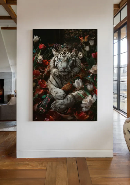 Witte Tijger Kroon Kleurrijke Bloemen Vlinders Donkere Achtergrond Fantasie Schilderij