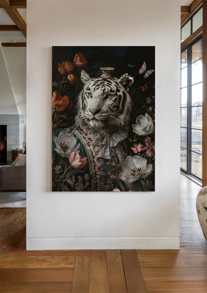 Witte Tijger Barok Kostuum Bloemen Vlinders Vaas Elegant Portret Schilderij