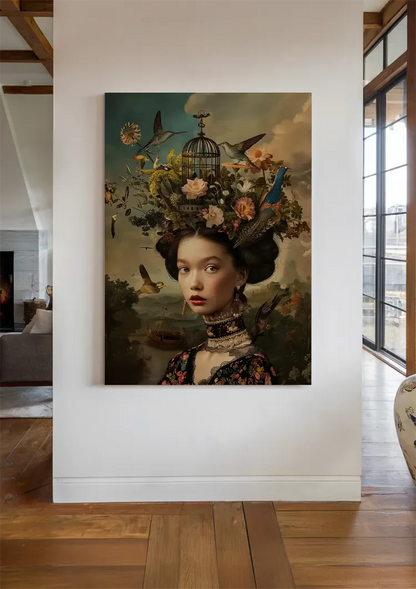 Vrouw Bloemen Vogels Donker Barok Portret Schilderij