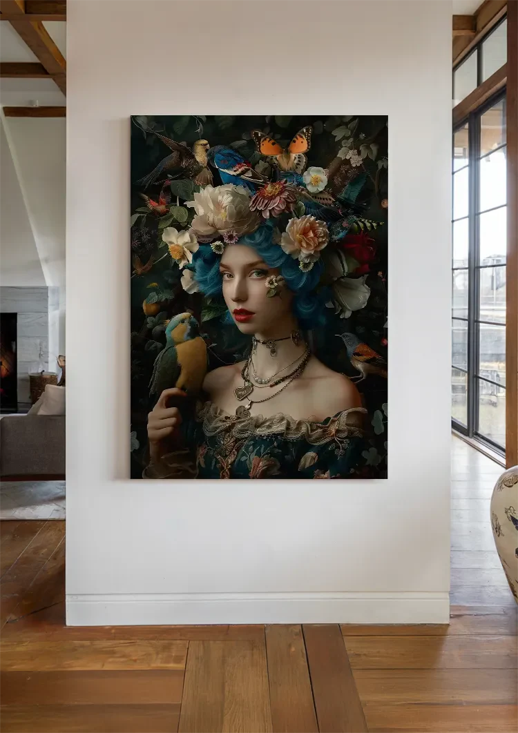 Frau Blaues Haar Blumenkranz Vögel Natur Porträt Gemälde