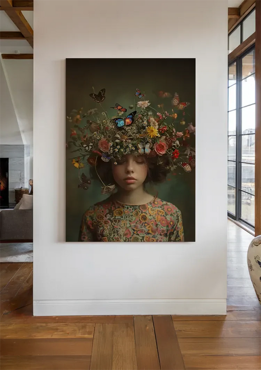 Meisje met bloemenkroon en vlinders canvas schilderij aan de muur in de hal