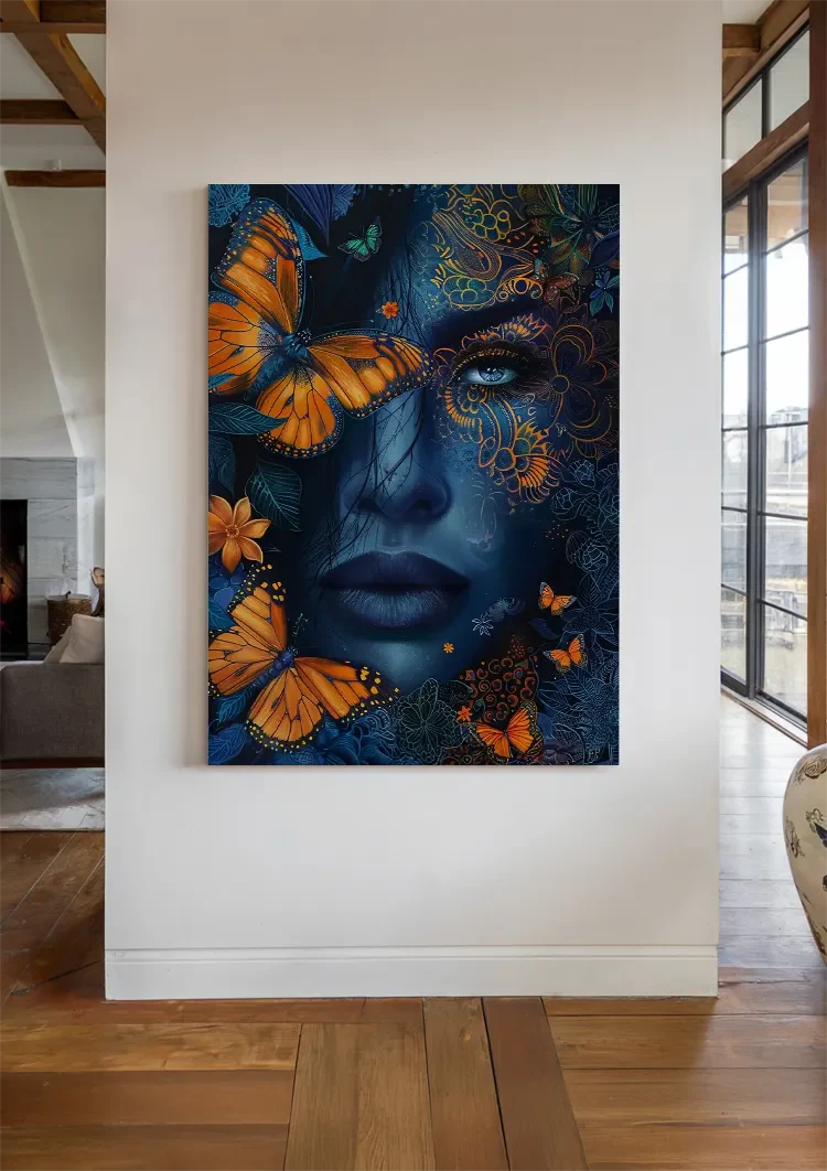Woman Blue Skin Orange Butterflies Golden Ornament Mystical Painting