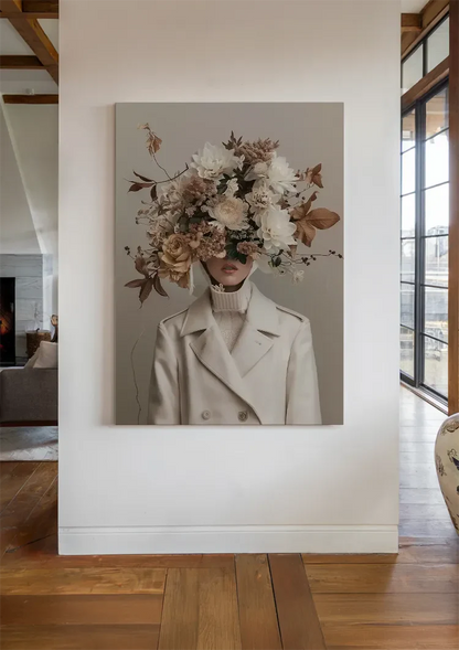 Person Creme Jacke Blumen Blätter Porträt Elegant Gemälde