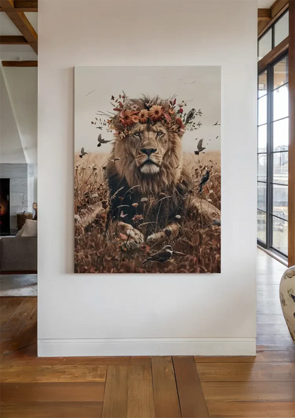Koninklijke Leeuw Bloemenkrans Goudveld Natuur Portret Schilderij