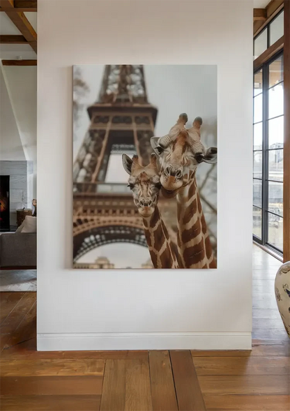 Twee Giraffen Eiffeltoren Parijs Speels Kleurrijk Schilderij