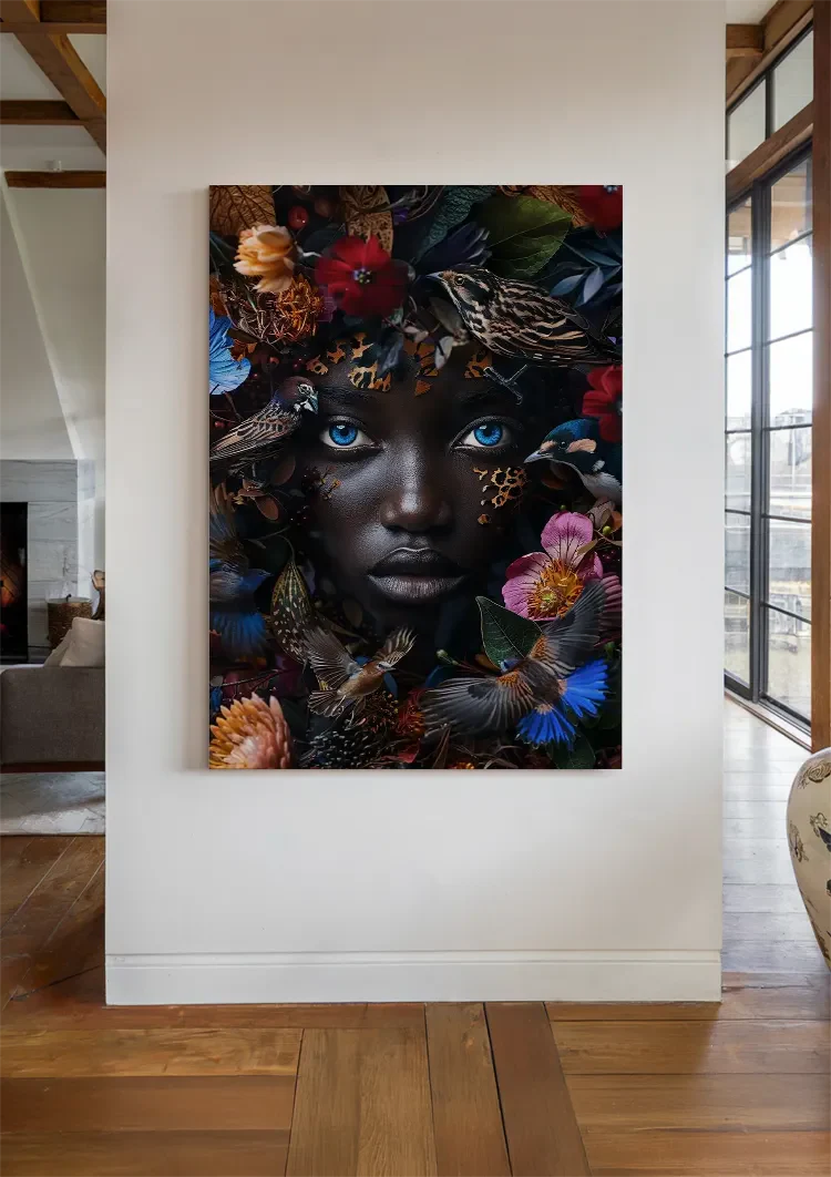 Blauwe Ogen Donker Portret Kleurrijke Bloemen Vogels Natuur Schilderij