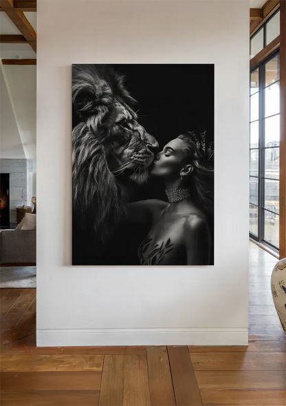 Vrouw en Leeuw Intimiteit Zwart Wit Krachtig Portret Schilderij