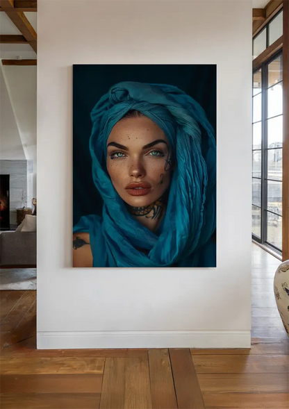 Orientalische Frau Blaue Augen Türkiser Hijab Mysteriöses Porträt Gemälde