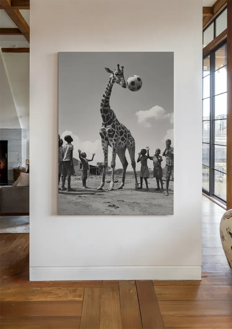 Giraffe Fußball Kinder Spielerisch Schwarz Weiß Lustiges Gemälde