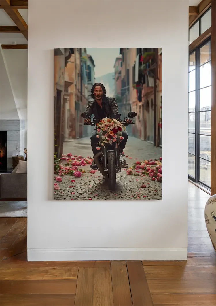 John Wick Motor Colorful Flowers Street Cinematic Portrait Painting