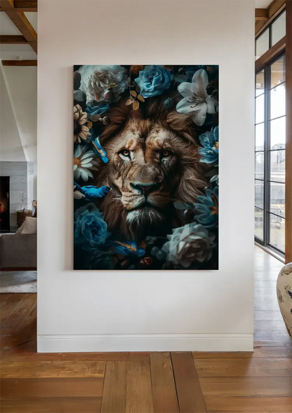 Leeuw Blauwe Bloemen Vlinders Kleurrijk Savanne Portret Schilderij