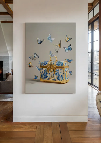 Louis Vuitton Gold Suitcase Blue Flowers Butterflies Luxury Painting