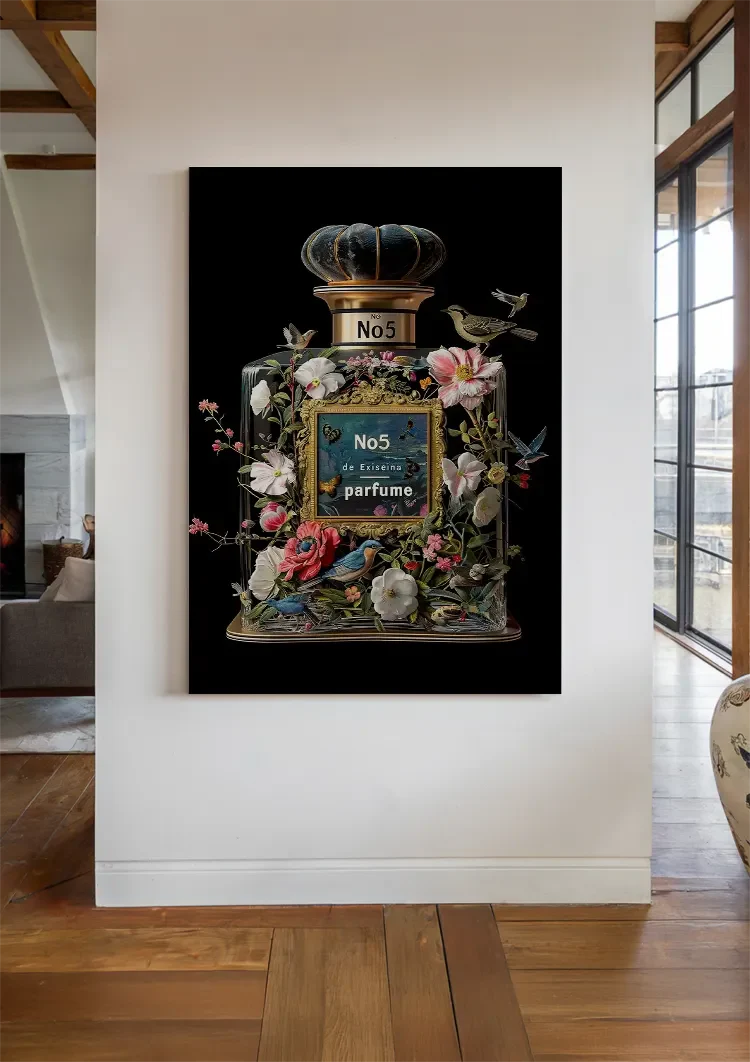 Parfumfles Bloemen Vogels Zwarte Achtergrond Schilderij