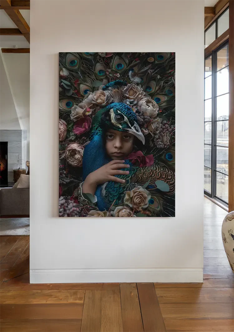 Peacock King Child Blue Feathers Flowers Colorful Fantasy Portrait Painting