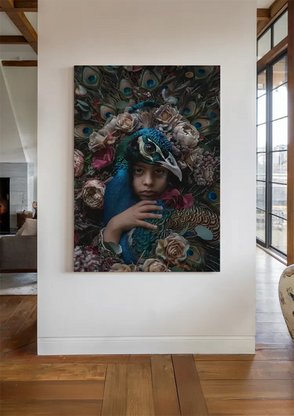 Peacock King Child Blue Feathers Flowers Colorful Fantasy Portrait Painting