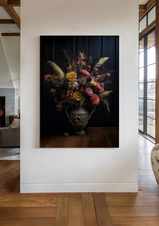 Bloemstuk in een klassieke urn canvas schilderij aan de wand in de hal