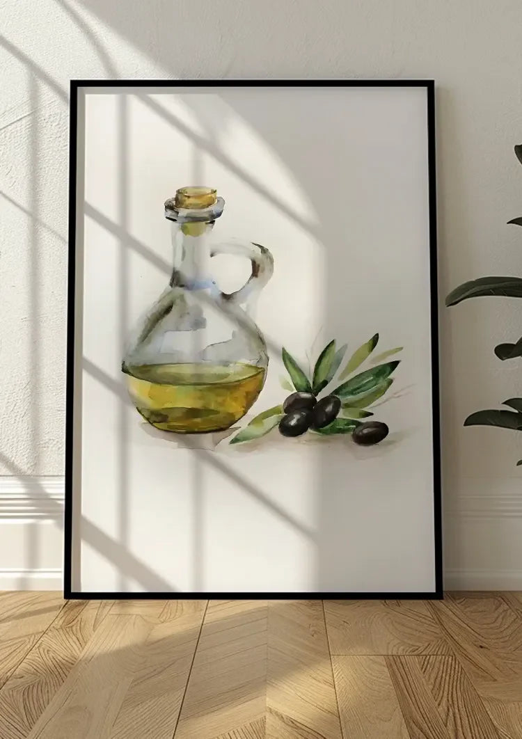 Olijfolie Fles Zwarte Olijftak Waterverf Botanisch Keuken Illustratie Schilderij