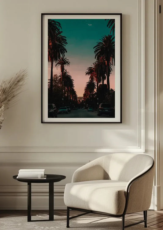 Palmbomen bij zonsondergang canvas schilderij aan de muur in de hal