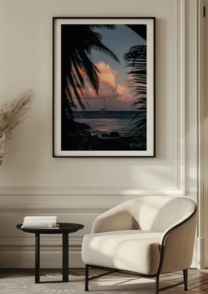 Zeilboot Zonsondergang Palmbomen Tropische Zee Schilderij