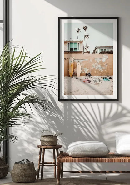 Surfboards Against Wall On Beach With Palm Trees Painting