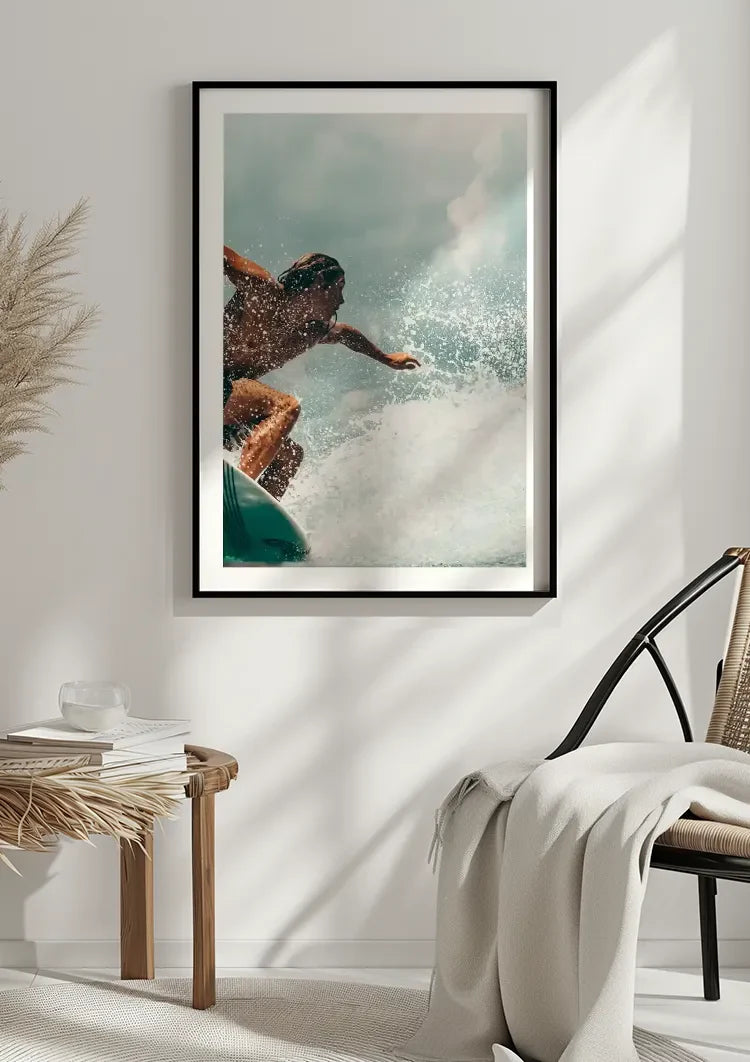 Surfer In Action On Wave Splashing Water Close Up Painting